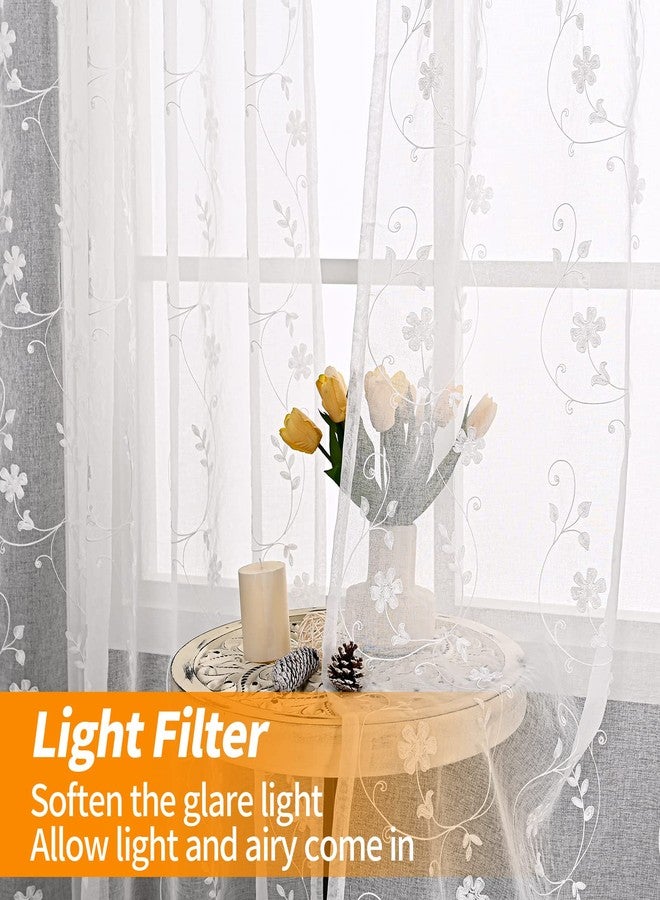 YoungsTex 84 Inch Length Semi Sheer Curtains for Living Room 2 Panels - Rod Pocket White Drapes Light Filtering with Embroidered Lace Floral Rustic Window Treatments for Bedroom Dining, 52 X 84 Inch - Image 3
