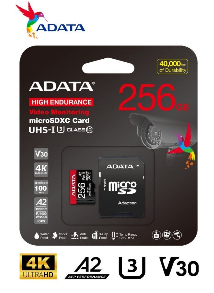 ADATA - ADATA High Endurance 256GB microSDXC/SDHC UHS-I Card For Video Monitoring CCTV - Image 1