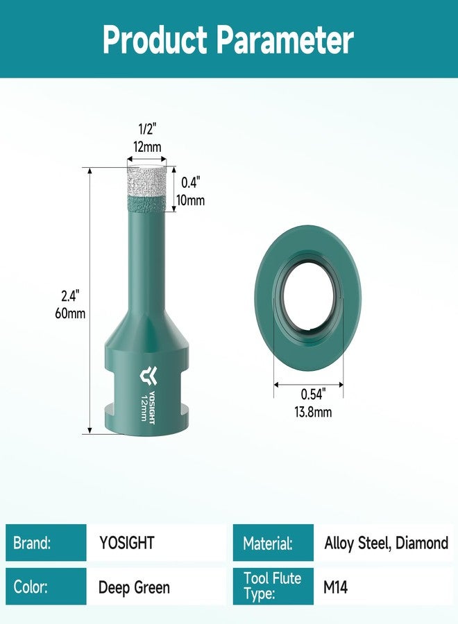 YOSIGHT منشار ثقب ماسي صغير 12 مم - مثقاب ماسي M14 بقطر 12 مم لطاحونة الزاوية، أداة فتح ثقوب ماسية جافة/رطبة، مثالي للبلاط والجرانيت والرخام والزجاج والسيراميك والطوب والحجر - Image 5
