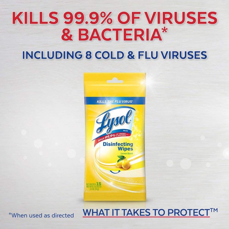 Lysol مناديل ليزول المطهرة عبوة للسفر، برائحة الليمون، 15 قطعة (عبوة من 2) - Image 2