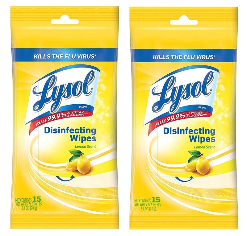 Lysol مناديل ليزول المطهرة عبوة للسفر، برائحة الليمون، 15 قطعة (عبوة من 2) - Image 1