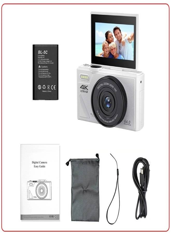 AROAQ 4K Digital Camera for Photography, 64MP UHD 18X Zoom Autofocus Compact Digital Camera with 3 Inch Flip Screen, Vlogging Camera for Travel Photography Vlogging, Travel Camera  - Image 1