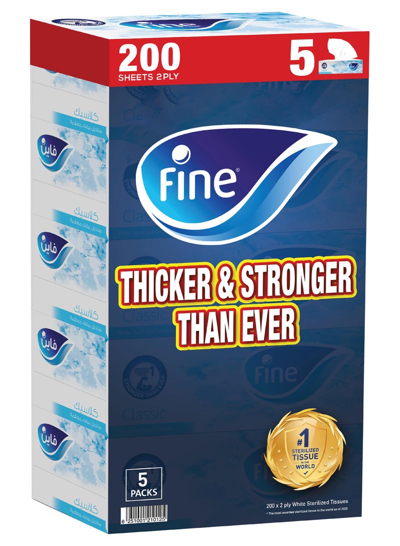 Fine Facial Tissue Boxes, 2 Ply, 5 Piece, 200 Sheets White - Image 1