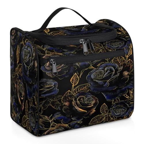 cfpolar Toiletry Bag for Women Flower Gold Blue Rose Hanging Travel Toiletry Bag Waterresistant Cosmetic Makeup Organizer for Toiletries and Cosmetics Bathroom Shower Bag with Handle and Hook - Image 1