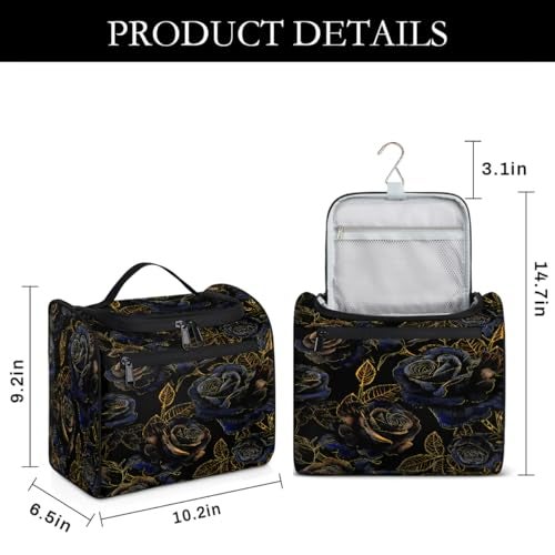 cfpolar Toiletry Bag for Women Flower Gold Blue Rose Hanging Travel Toiletry Bag Waterresistant Cosmetic Makeup Organizer for Toiletries and Cosmetics Bathroom Shower Bag with Handle and Hook - Image 3
