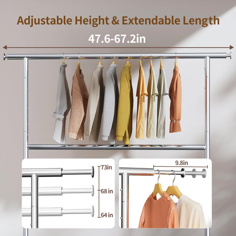 Luxspire Heavy Duty Clothes Rack Load 600 LBS, Double Rod Clothing Rack, Rolling Garment Racks with Lockable Wheels, Shelves, Adjustable Laundry Hanging Racks for Clothes - Image 3