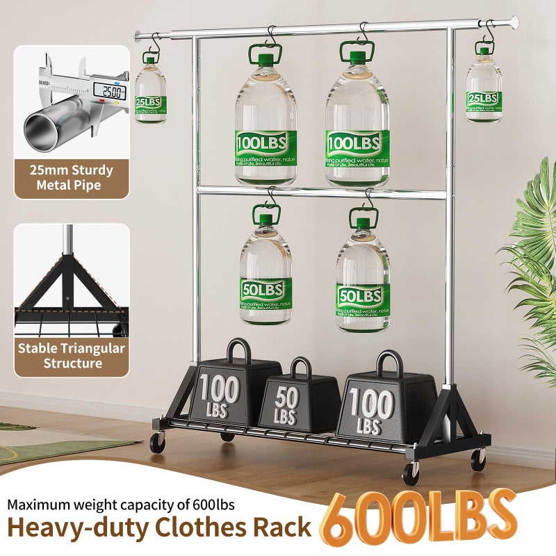 Luxspire Heavy Duty Clothes Rack Load 600 LBS, Double Rod Clothing Rack, Rolling Garment Racks with Lockable Wheels, Shelves, Adjustable Laundry Hanging Racks for Clothes - Image 2