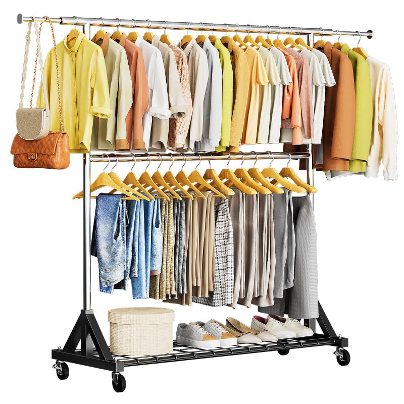 Luxspire Heavy Duty Clothes Rack Load 600 LBS, Double Rod Clothing Rack, Rolling Garment Racks with Lockable Wheels, Shelves, Adjustable Laundry Hanging Racks for Clothes - Image 1