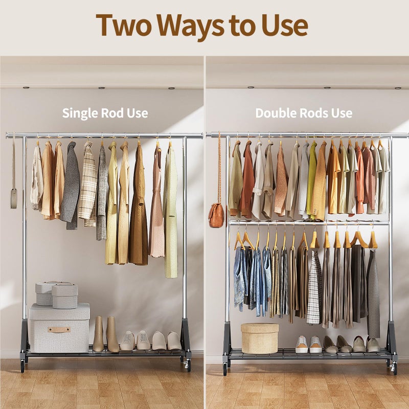 Luxspire Heavy Duty Clothes Rack Load 600 LBS, Double Rod Clothing Rack, Rolling Garment Racks with Lockable Wheels, Shelves, Adjustable Laundry Hanging Racks for Clothes - Image 4
