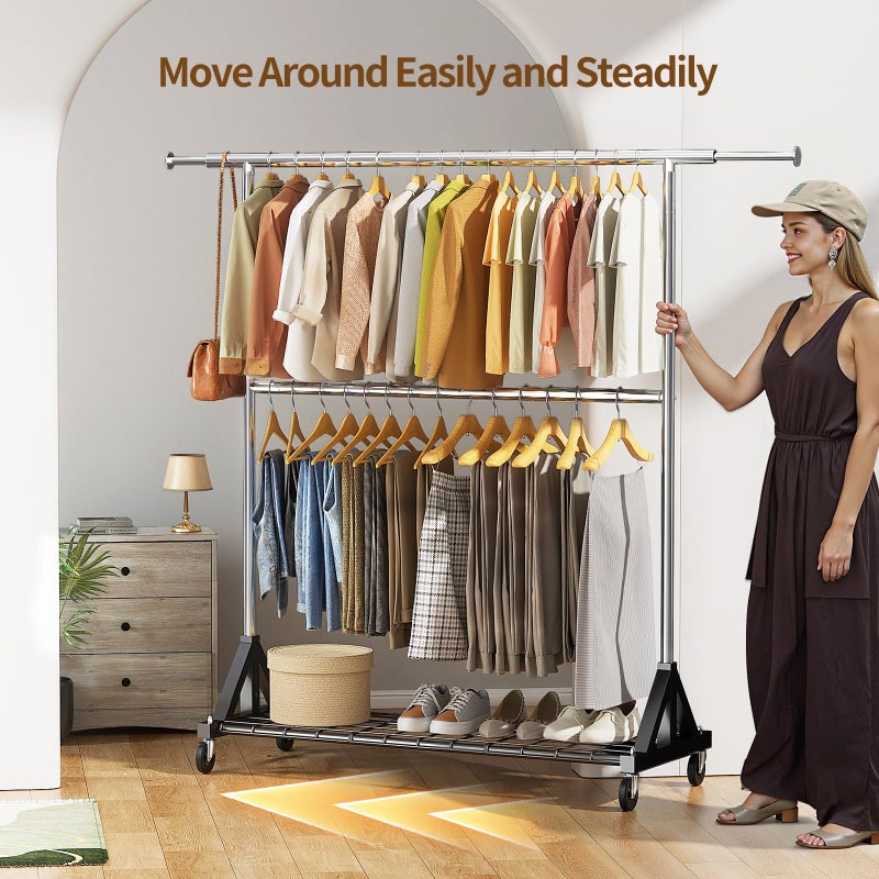 Luxspire Heavy Duty Clothes Rack Load 600 LBS, Double Rod Clothing Rack, Rolling Garment Racks with Lockable Wheels, Shelves, Adjustable Laundry Hanging Racks for Clothes - Image 5