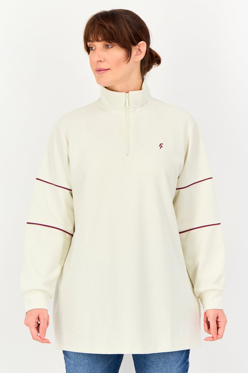 DeFacto سويت شيرت نسائي بأكمام طويلة وياقة مرتفعة بشعار العلامة التجارية، عاجي - Image 1