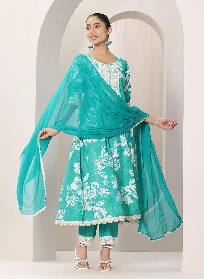 Libas Blue Printed Silk Blend Anarkali Kurta, Trousers And Dupatta Set