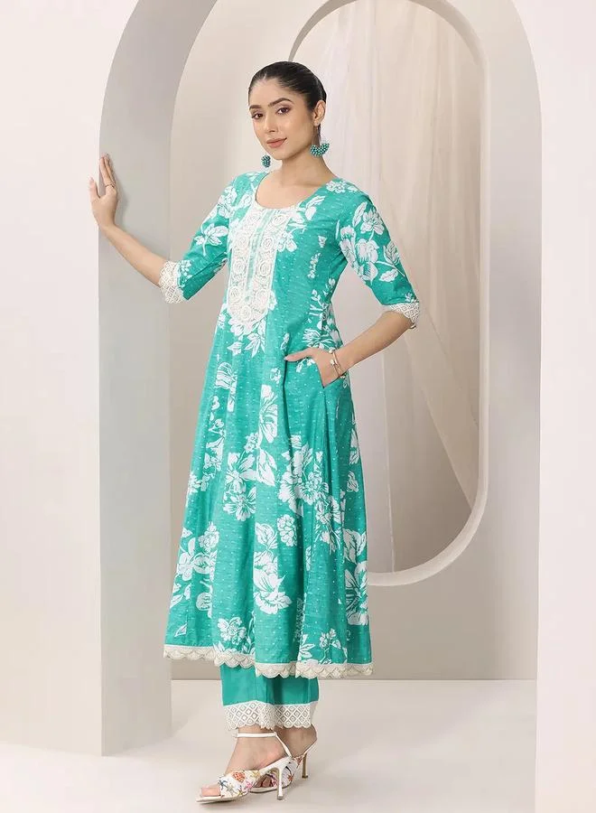 Libas Blue Printed Silk Blend Anarkali Kurta, Trousers And Dupatta Set