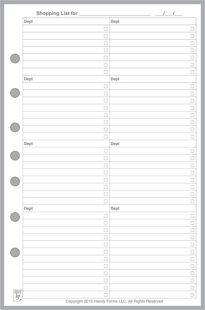 Classic Size Shopping List, Sized and Punched with 7 Holes for 7-Ring Notebooks Such as Franklin, etc. (5.5" x 8.5")