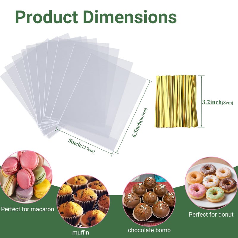 ROSPAKTEK 100 Pcs 5x6.5 Cellophane Muffin Bags with Gold Twist Ties â€“ Commercial-Grade Flat-Bottom Design for Cupcakes, Cookies & Pastries (Fits Macarons/Chocolates/Strawberries) â€“ Reusable - Image 3