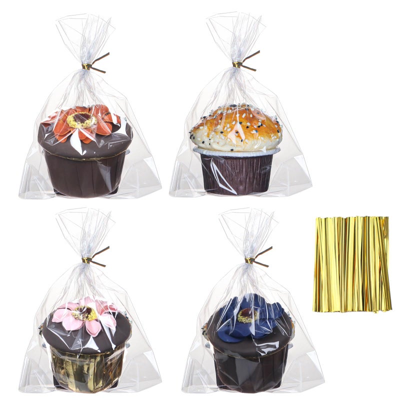 ROSPAKTEK 100 Pcs 5x6.5 Cellophane Muffin Bags with Gold Twist Ties â€“ Commercial-Grade Flat-Bottom Design for Cupcakes, Cookies & Pastries (Fits Macarons/Chocolates/Strawberries) â€“ Reusable - Image 1