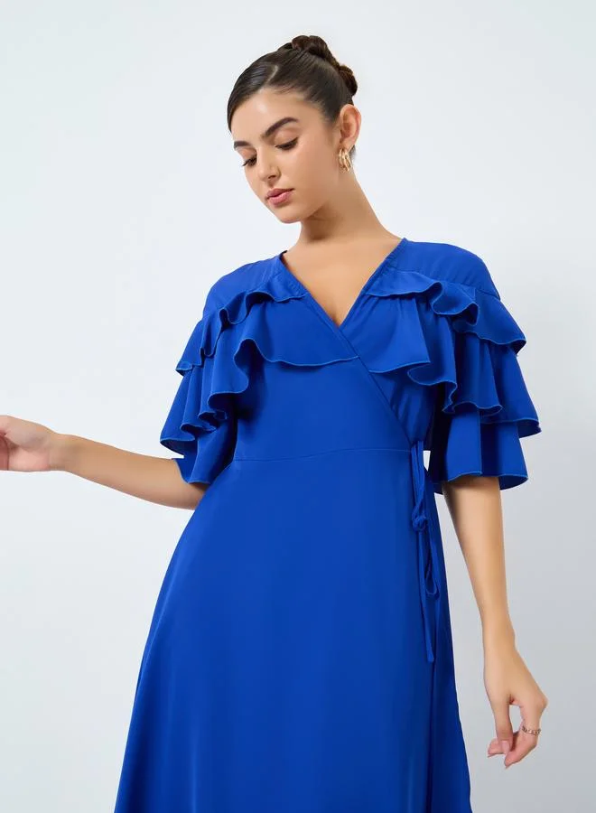 Styli Solid Ruffled Detail Wrap Midi Dress