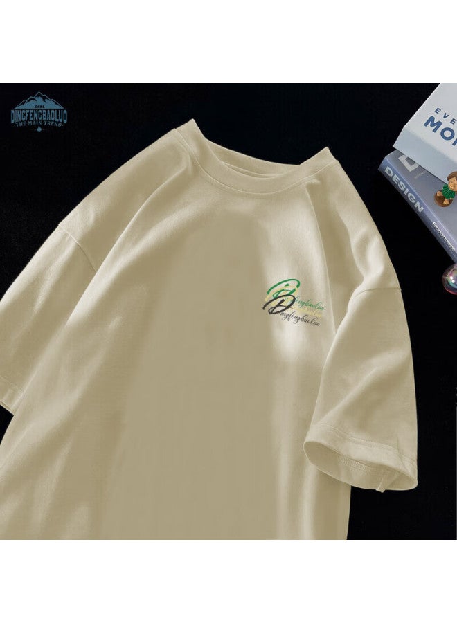 Dingfengbaoluo Pure Cotton Short-sleeve Embroidered T-shirt For Men, Summer Loose Round Neck Undershirt, Versatile Casual Top Df024 Apricot Color M - Image 1