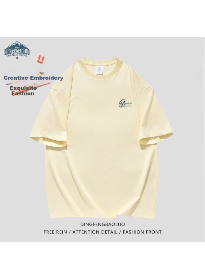 Dingfengbaoluo Pure Cotton Short-sleeve Embroidered T-shirt For Men, Summer Loose Round Neck Undershirt, Versatile Casual Top Df024 Apricot Color M - Image 2