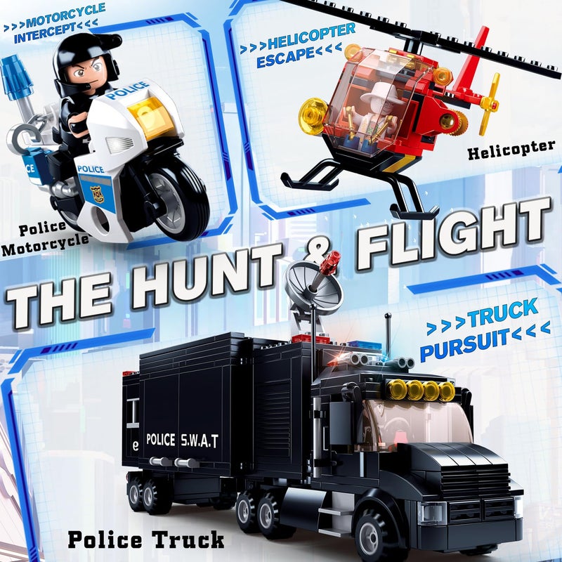 Sluban City Police Chase Building Set, SWAT Mobile Command Police Truck Building Toy with Helicopter & Police Motorcycle, Compatible with Lego City Police Station, Gift for Boys Girls Aged 6+, 540 PCS - Image 2