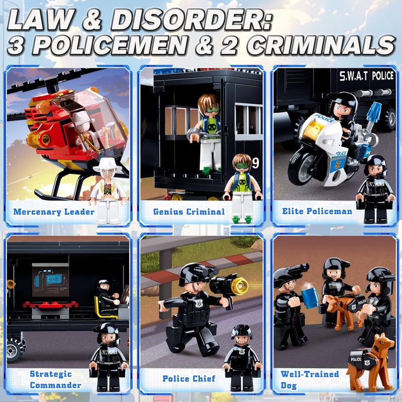 Sluban City Police Chase Building Set, SWAT Mobile Command Police Truck Building Toy with Helicopter & Police Motorcycle, Compatible with Lego City Police Station, Gift for Boys Girls Aged 6+, 540 PCS - Image 3
