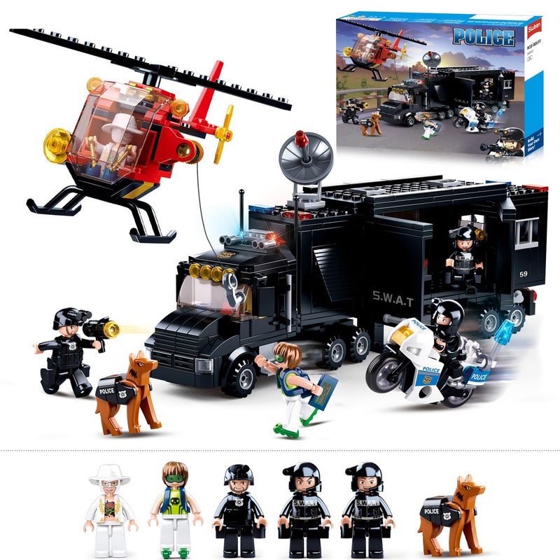 Sluban City Police Chase Building Set, SWAT Mobile Command Police Truck Building Toy with Helicopter & Police Motorcycle, Compatible with Lego City Police Station, Gift for Boys Girls Aged 6+, 540 PCS - Image 1