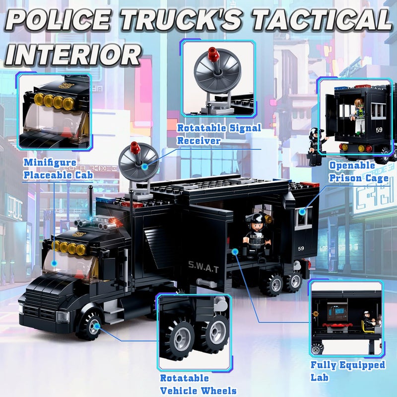 Sluban City Police Chase Building Set, SWAT Mobile Command Police Truck Building Toy with Helicopter & Police Motorcycle, Compatible with Lego City Police Station, Gift for Boys Girls Aged 6+, 540 PCS - Image 4