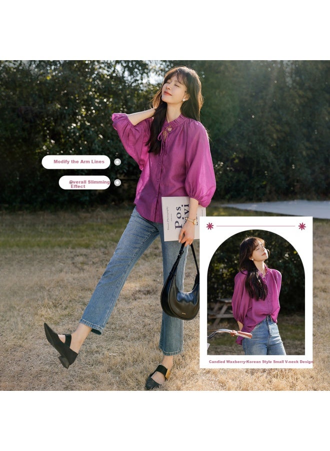 Mt Summer Elegant Small V-neck Korean Style Ruffle Mid-sleeve Blouse - Image 2