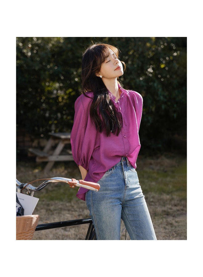 Mt Summer Elegant Small V-neck Korean Style Ruffle Mid-sleeve Blouse - Image 4