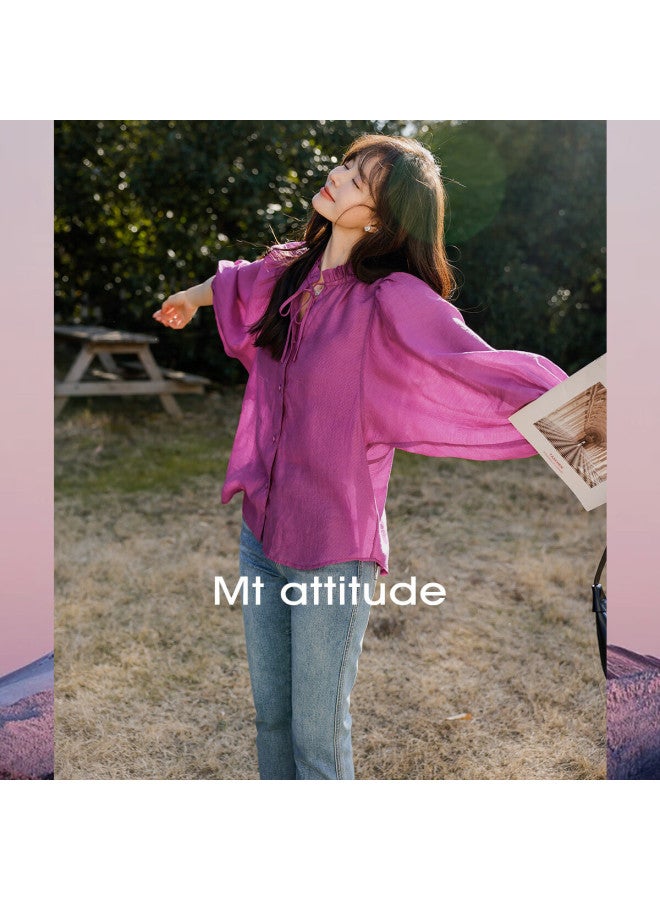 Mt Summer Elegant Small V-neck Korean Style Ruffle Mid-sleeve Blouse - Image 1