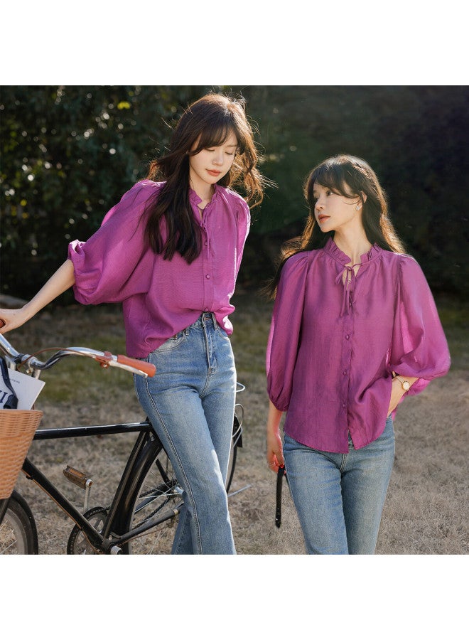 Mt Summer Elegant Small V-neck Korean Style Ruffle Mid-sleeve Blouse - Image 3
