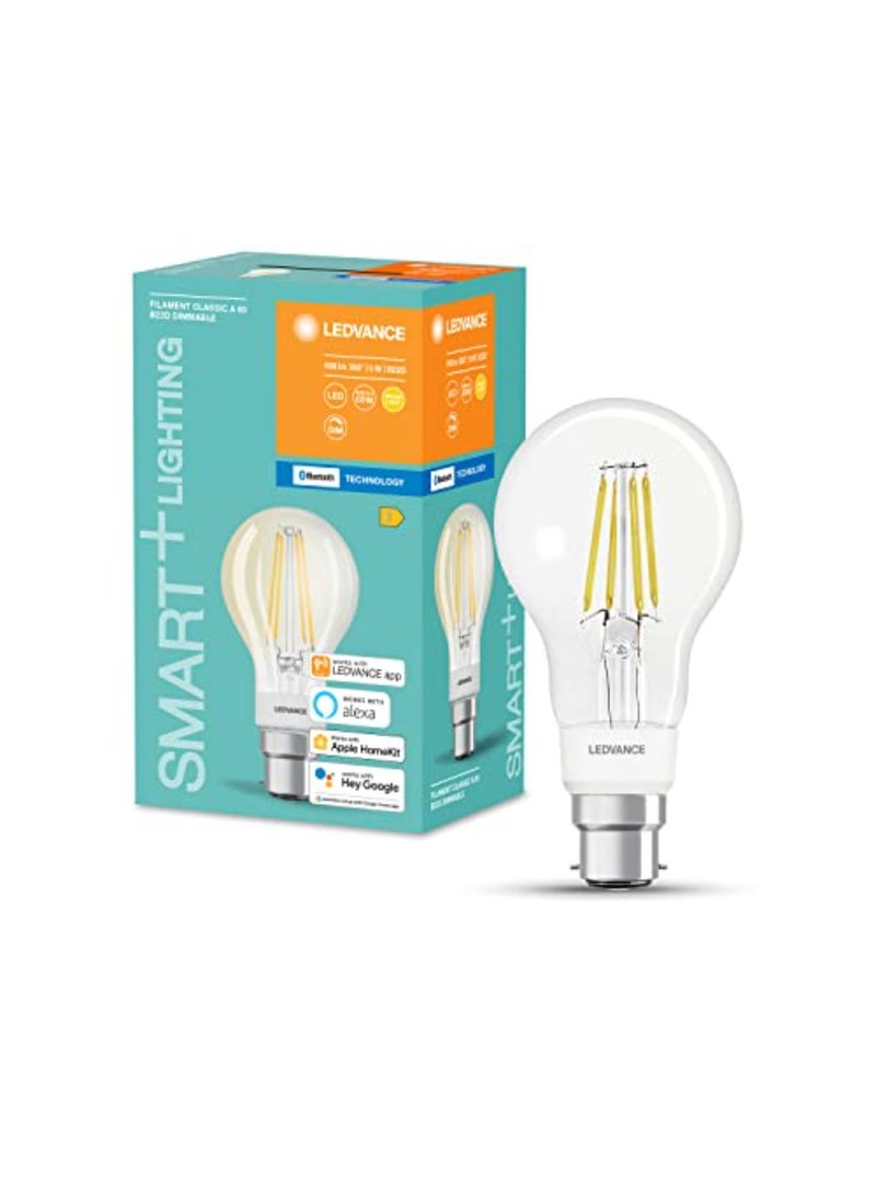 Ledvance Smart LED Lamp With Bluetooth, B22D, Dimmable, Warm White (2700K), Replaces Incandescent Lamps With 60 W, Controllable With Google, Alexa And Apple Homekit, Smart+ Bt Filament Dim, 1-Pack