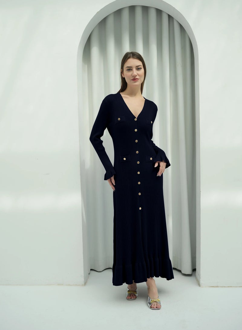 Andy 2330 | Elegant Button-Down Ribbed Knit Maxi Dress with Flared Cuffs and Ruffle Hem - Stylish and Comfortable | Black