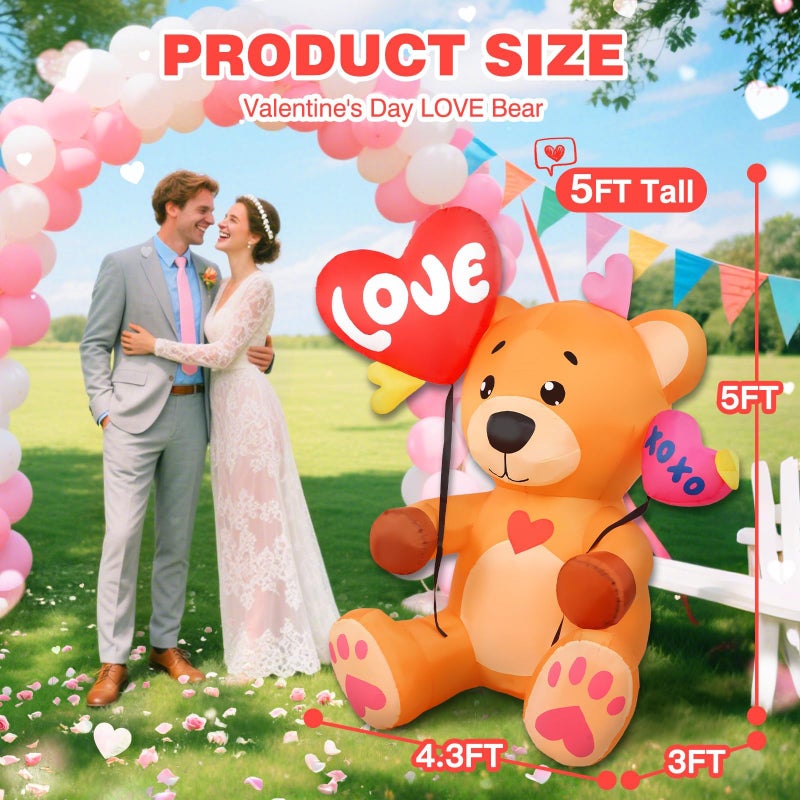 Aotiooy 5 FT Valentines Inflatables Outdoor Decorations, Blow up Valentine's Day Love Bear Yard Decor with Hearts, Built-in LED Lights Valentine Holiday Decorations for Outside Lawn Garden Wedding Indoor - Image 3