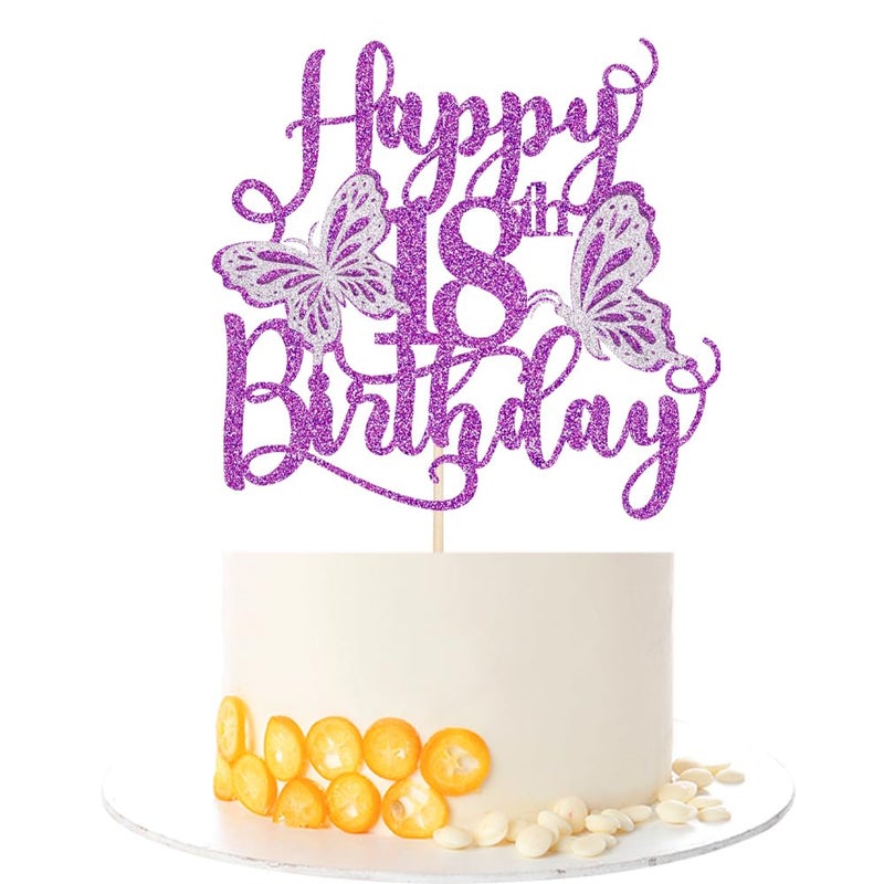 Kaoenla 3D Butterfly Happy 18th Birthday Cake Topper  Glitter Butterfly Theme 18th/eighteen Birthday/Anniversary Party Cake Decor (18th  Purple) - Image 1