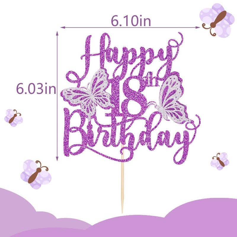 Kaoenla 3D Butterfly Happy 18th Birthday Cake Topper  Glitter Butterfly Theme 18th/eighteen Birthday/Anniversary Party Cake Decor (18th  Purple) - Image 3