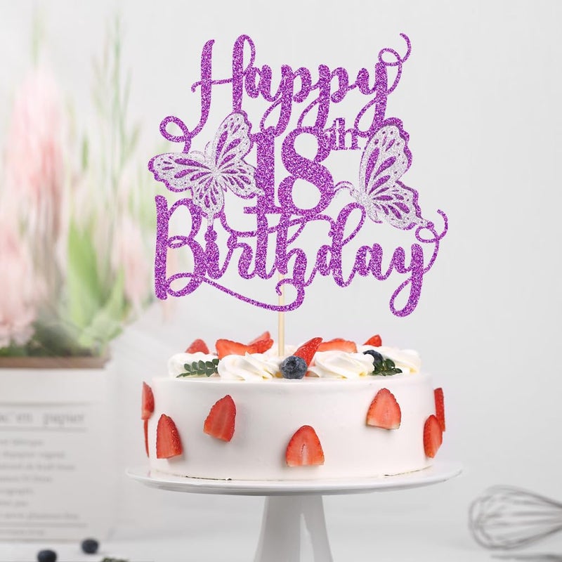 Kaoenla 3D Butterfly Happy 18th Birthday Cake Topper  Glitter Butterfly Theme 18th/eighteen Birthday/Anniversary Party Cake Decor (18th  Purple) - Image 5