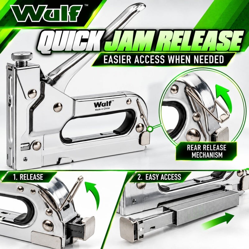 WULF Staple Gun 4-14mm Professional Heavy Duty Manual Stapler Gun with Adjustable Driving Force, Quick Jam Release and Chrome Finished Steel Body for Upholstery, Carpentry & DIY Projects - Image 4