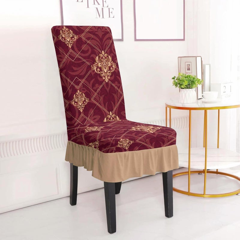 BRIDA BRIDA Stretchable Floral Geometric Printed Dining Chair Covers Frill Skirt Elastic Chair Seat Case Protector Slipcovers 4 Chair Cover Maroon Damask - Image 2
