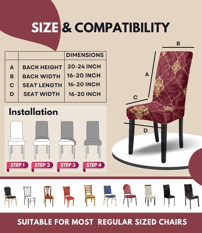 BRIDA BRIDA Stretchable Floral Geometric Printed Dining Chair Covers Frill Skirt Elastic Chair Seat Case Protector Slipcovers 4 Chair Cover Maroon Damask - Image 5