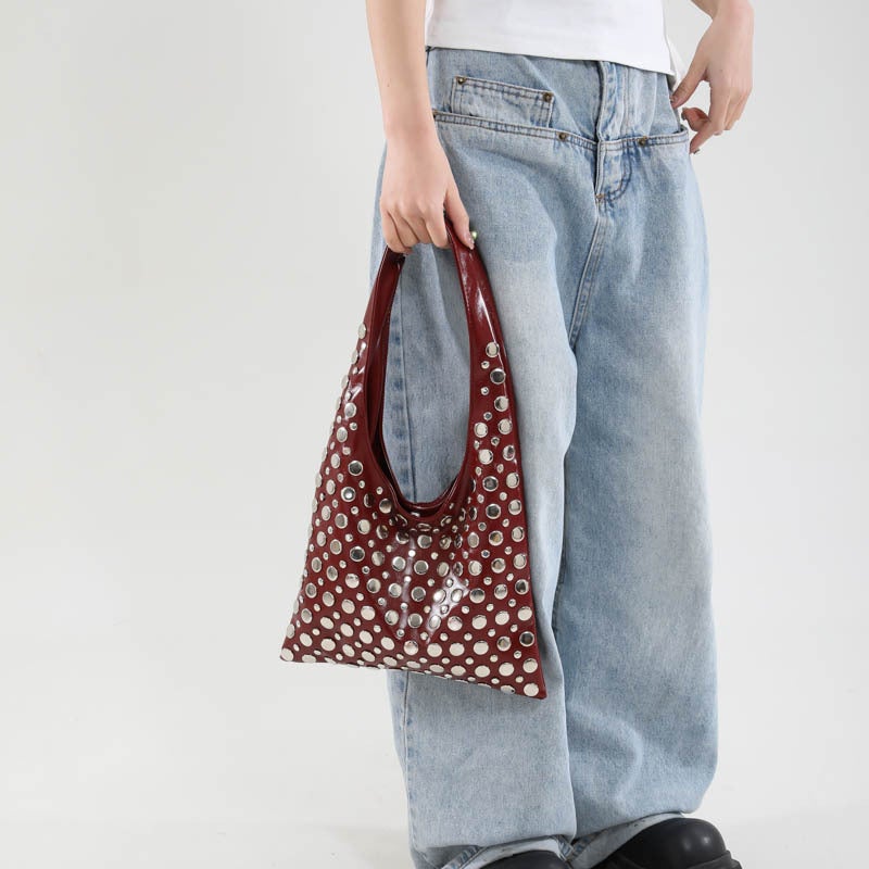 Personalized Trendy Cool Polka Dot Rivet Handbag For Women Motorcycle Bag Versatile Underarm Tote Bag - Image 4