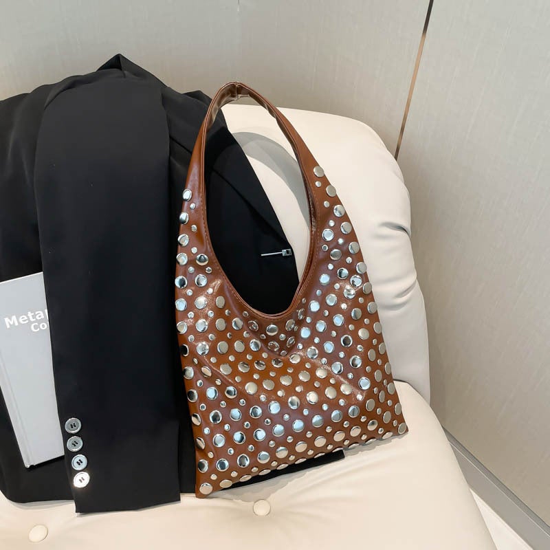 Personalized Trendy Cool Polka Dot Rivet Handbag For Women Motorcycle Bag Versatile Underarm Tote Bag - Image 2