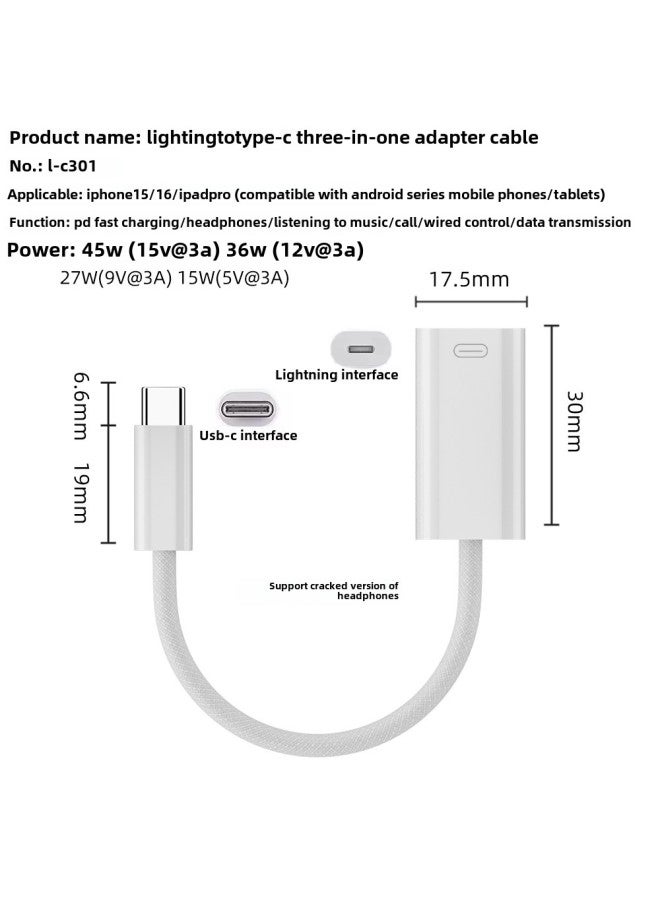 Type-c To Lightning Headphone Adapter Short Line Suitable For Apple IPhone 16 Headphone Audio Line-Color:Lc301 Lightning To C Three-in-one Short Line  - Image 1