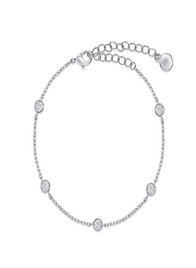 SAVEARTH DIAMONDS 18K White Gold Plated Five Stone Station Link Bracelet for Women| 3MM Moissanite Classic Tennis Bracelet | Bezel-Set 6" + 2" Adjustable Chain Bracelet (0.50 Cttw) - Image 1