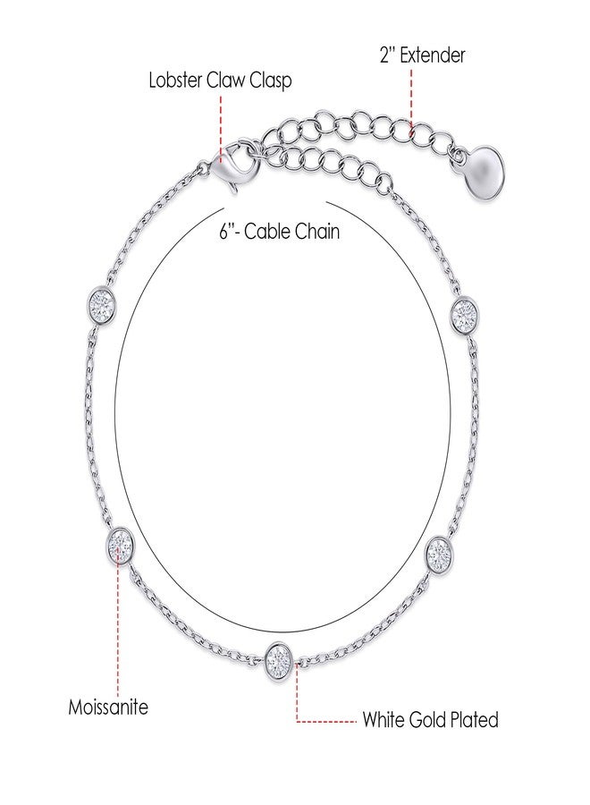 SAVEARTH DIAMONDS 18K White Gold Plated Five Stone Station Link Bracelet for Women| 3MM Moissanite Classic Tennis Bracelet | Bezel-Set 6" + 2" Adjustable Chain Bracelet (0.50 Cttw) - Image 2