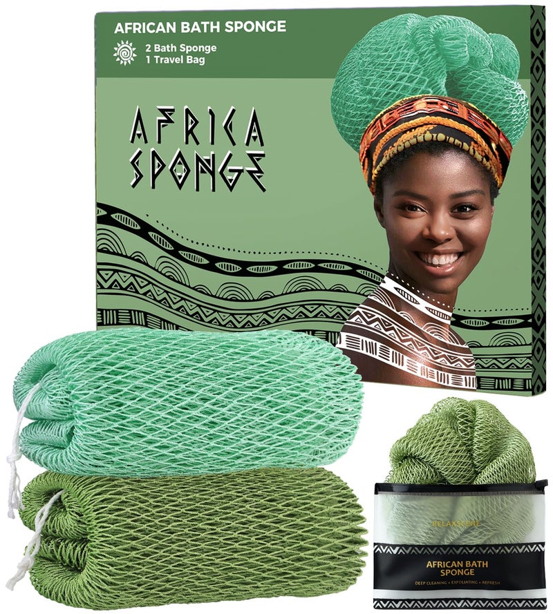 RelaxScene African Net Sponge Authentic -2 Pieces Exfoliating Scrubber for All Skin Types - Bath Washcloth Back Scrub for Shower - Body Exfoliator Sponge for Face & Body Care (Olive Green & Seawave) - Image 1