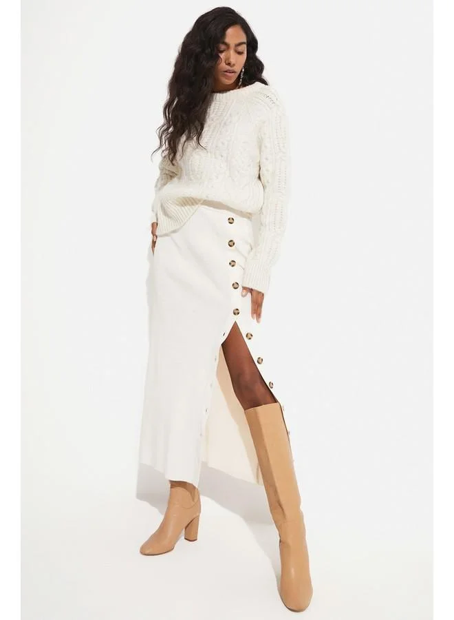 جون June Button Detailed Knitted Skirt Stone