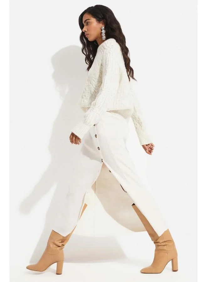 جون June Button Detailed Knitted Skirt Stone