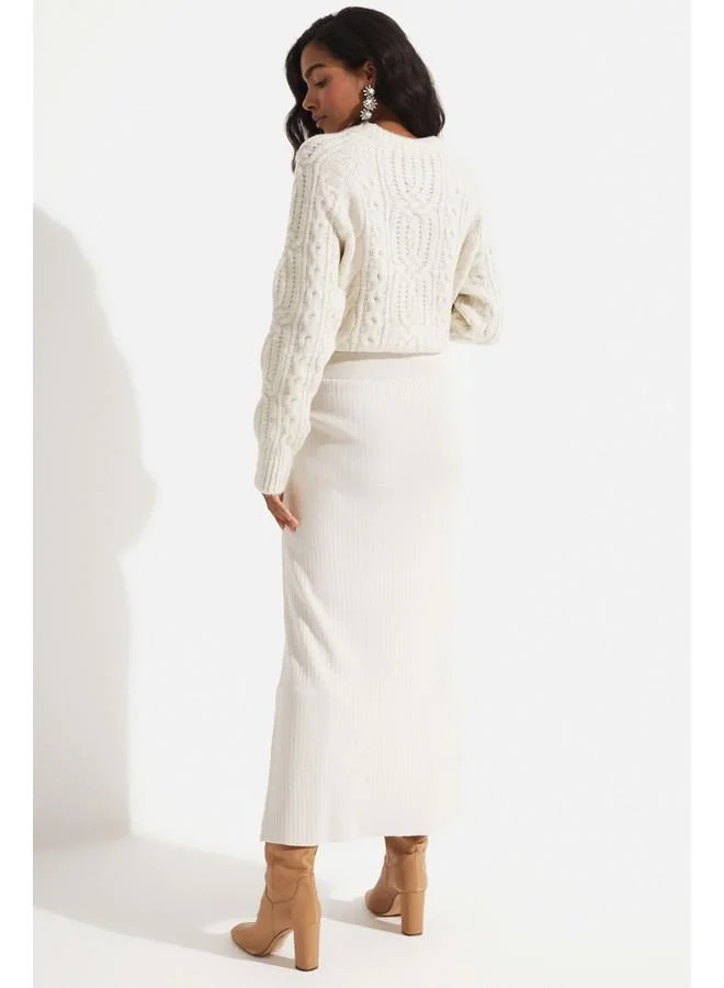 جون June Button Detailed Knitted Skirt Stone