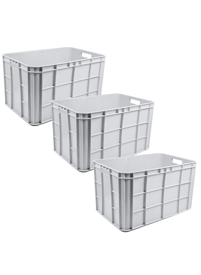 Ethic Solutions 3pcs of Plastic Storage Fish / Multipurpose Crate Box 600×400×350 mm 67L Stackable Heavy Duty Reinforced Walls Anti-Slip Base for Home Industrial Commercial Delivery - White - Image 1